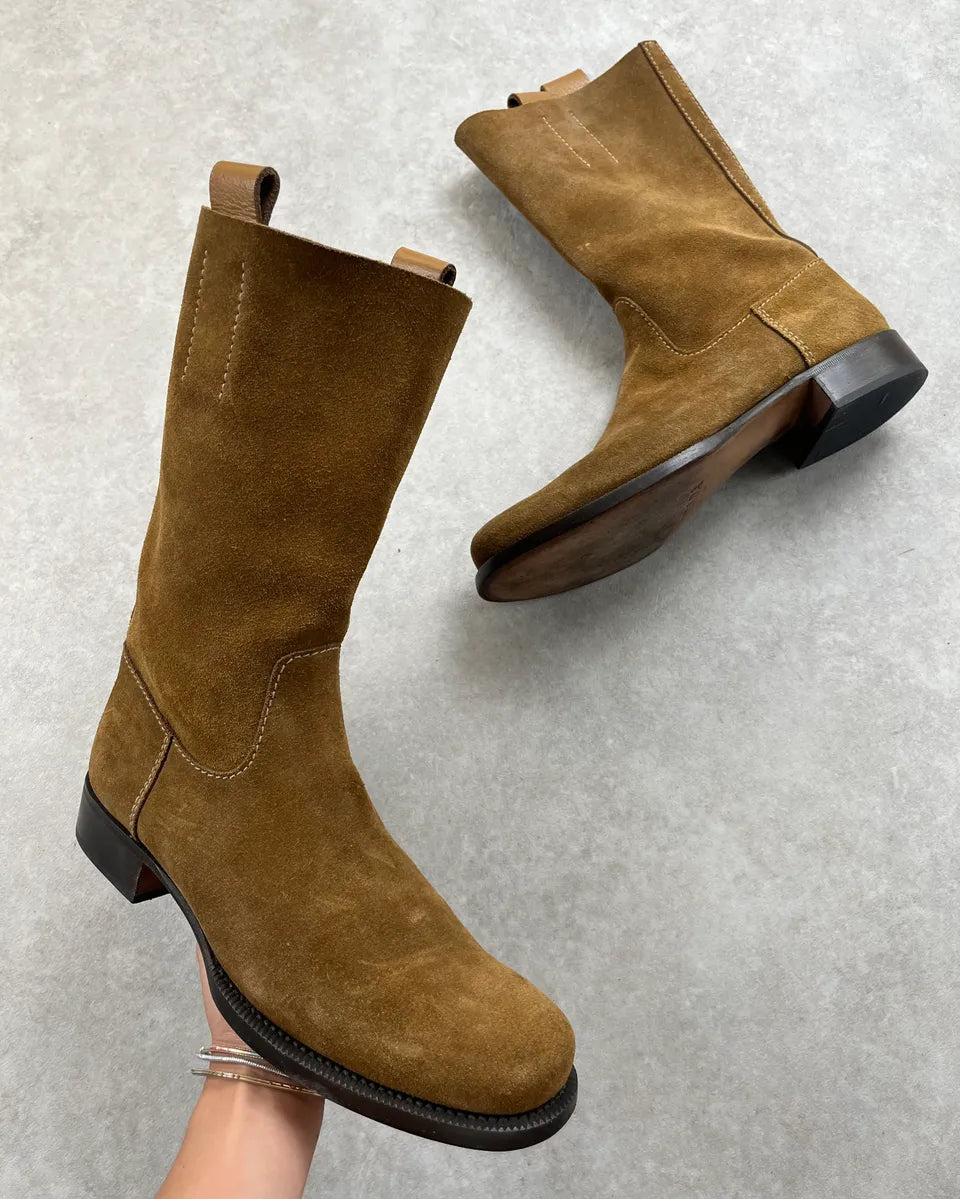 Prada Camel Brown Suede Leather Mid-Calf Boots PGUlNHw 0