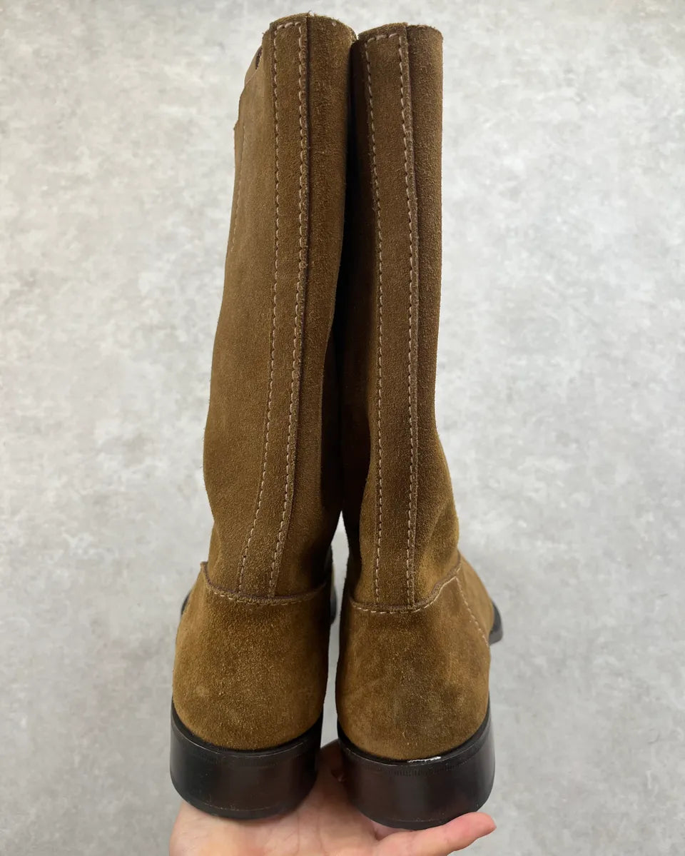 Prada Camel Brown Suede Leather Mid-Calf Boots PGUlNHw 6