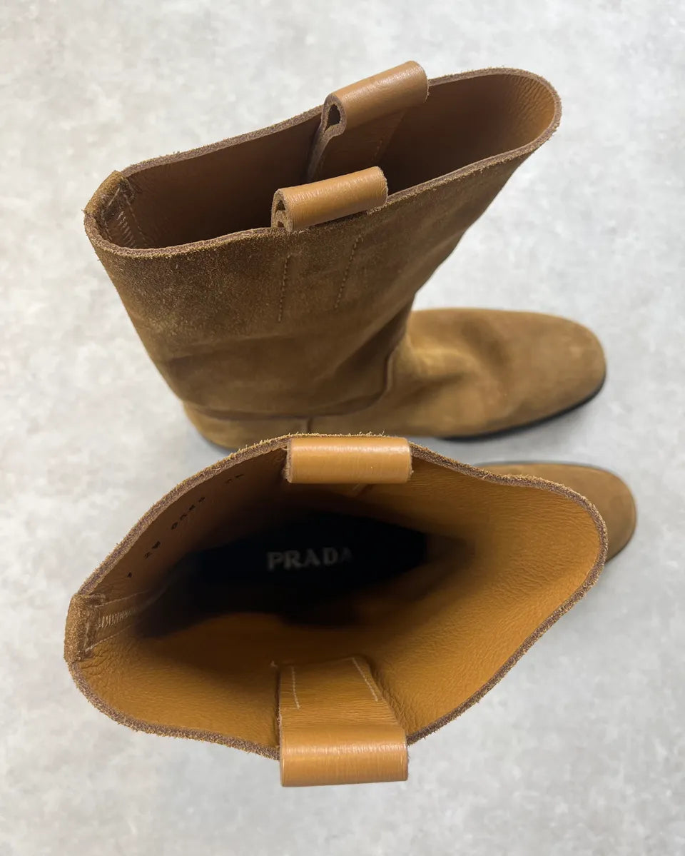 Prada Camel Brown Suede Leather Mid-Calf Boots PGUlNHw 8