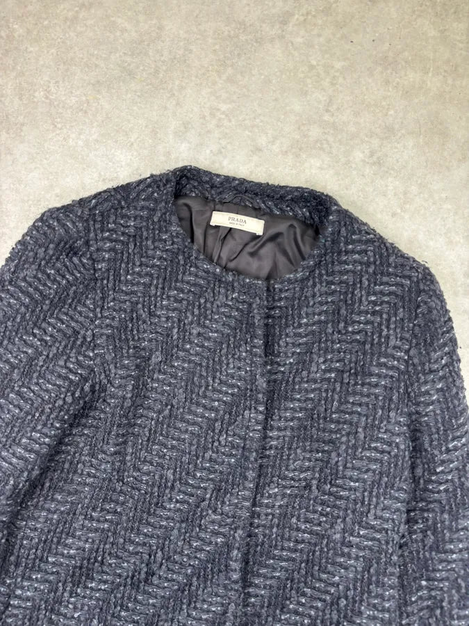 AW2012 Prada Wool Herringbone Navy Buttoned Long Coat HkJeTNy 3