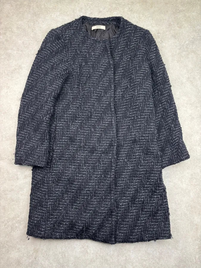 AW2012 Prada Wool Herringbone Navy Buttoned Long Coat HkJeTNy 0