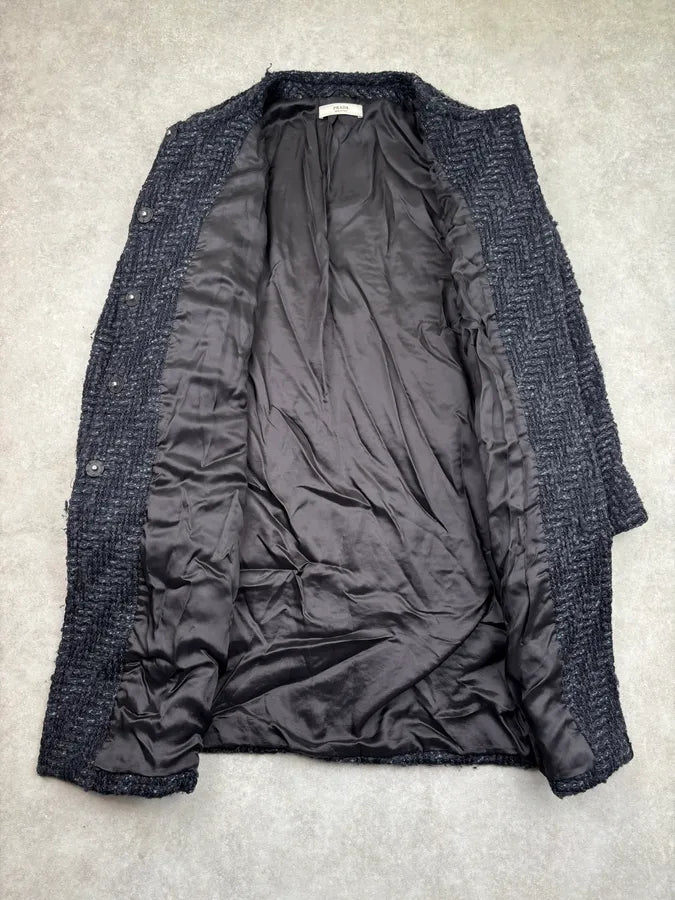 AW2012 Prada Wool Herringbone Navy Buttoned Long Coat HkJeTNy 6