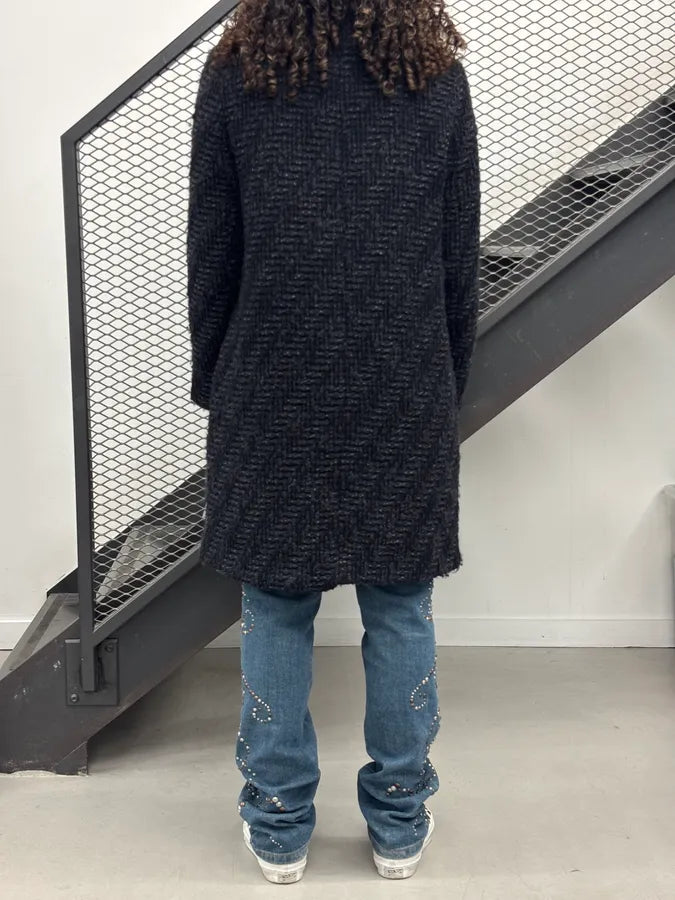 AW2012 Prada Wool Herringbone Navy Buttoned Long Coat HkJeTNy 2