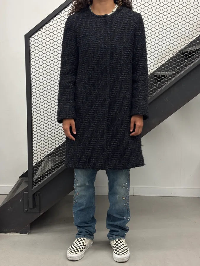AW2012 Prada Wool Herringbone Navy Buttoned Long Coat HkJeTNy 1