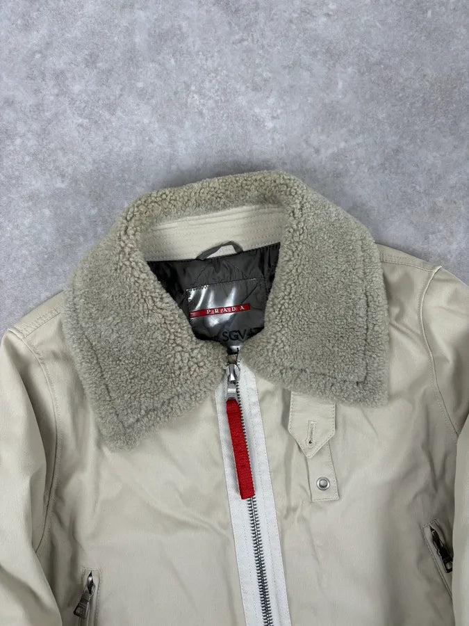 2000s Prada Cream Sherpa Collar Bomber Jacket  aJOXAEW 3