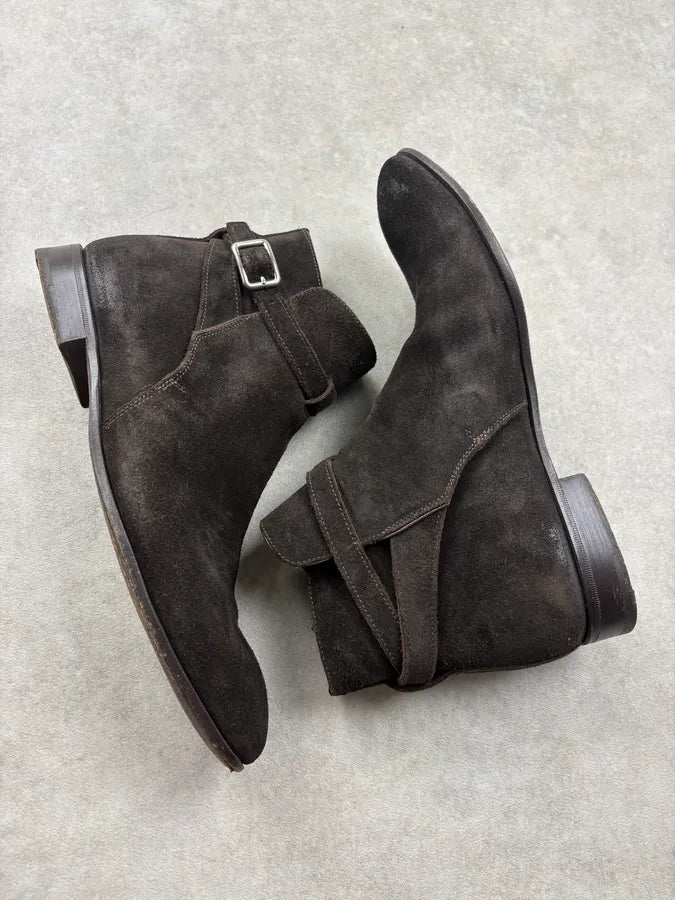 Prada Dark Brown Suede Buckle Strap Boots plTzKgK 5