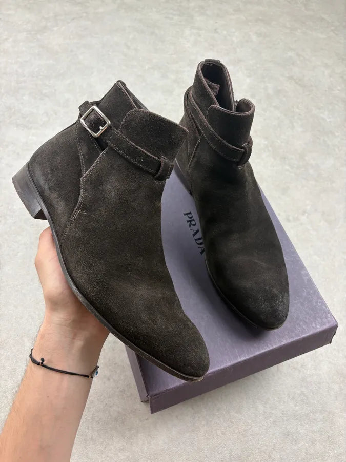 Prada Dark Brown Suede Buckle Strap Boots plTzKgK 0