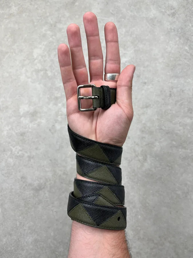 Prada Diamante Pattern Black & Green Leather Belt zDMnyha 0