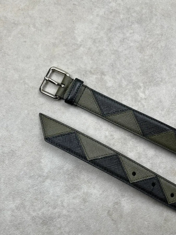 Prada Diamante Pattern Black & Green Leather Belt zDMnyha 4
