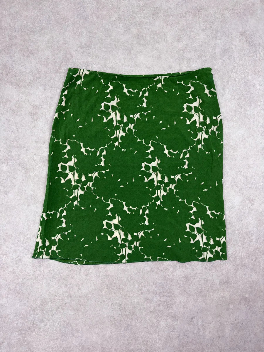 2000s Prada Green Silk Deer Print Skirt hheOhtd 3