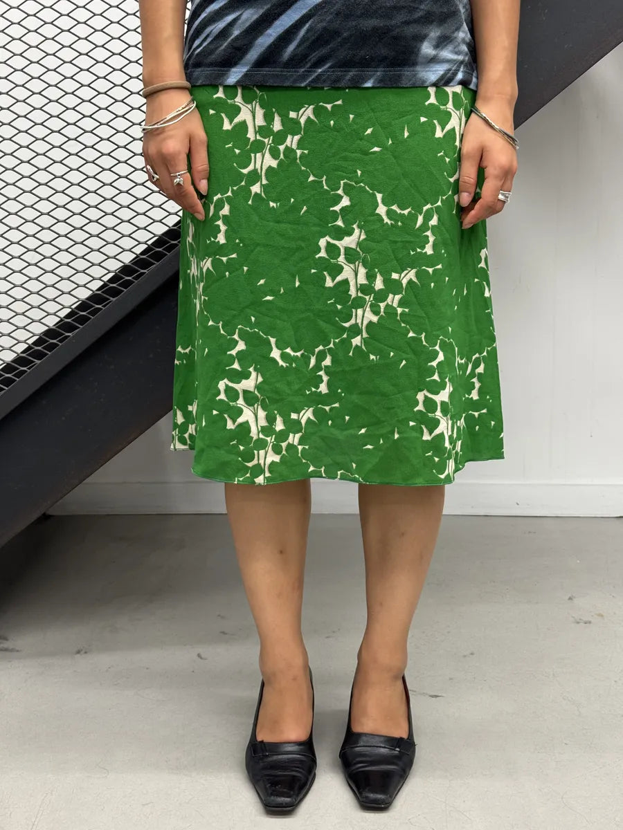 2000s Prada Green Silk Deer Print Skirt hheOhtd 0