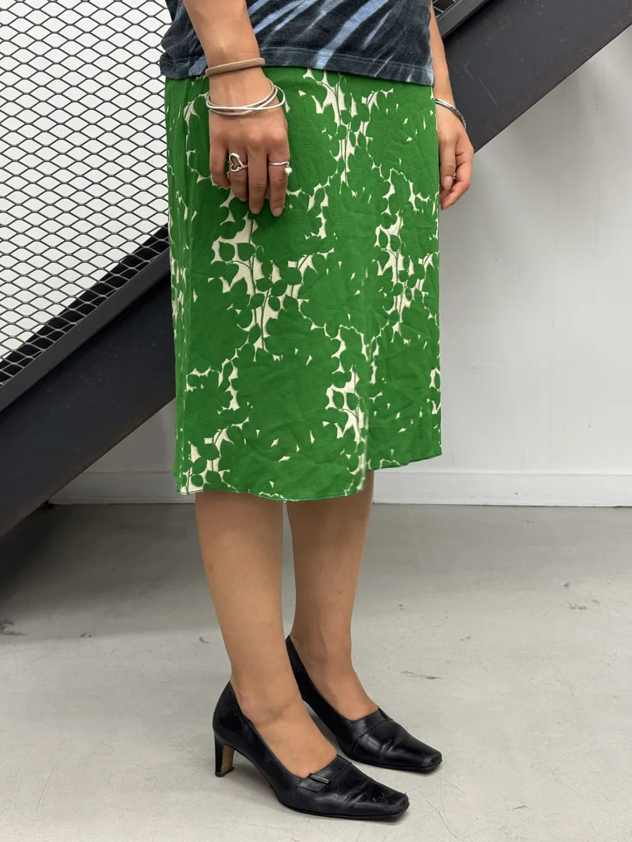 2000s Prada Green Silk Deer Print Skirt hheOhtd 1