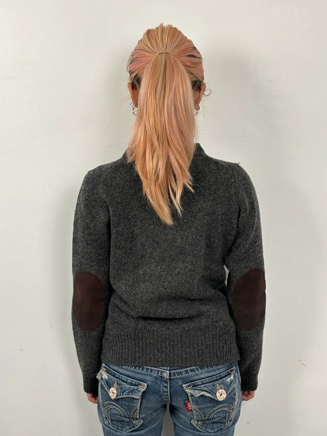 2000s Prada Grey Wool Leather Elbow Patch Sweater VOYaeOE 2