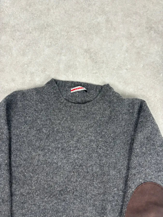 2000s Prada Grey Wool Leather Elbow Patch Sweater VOYaeOE 3