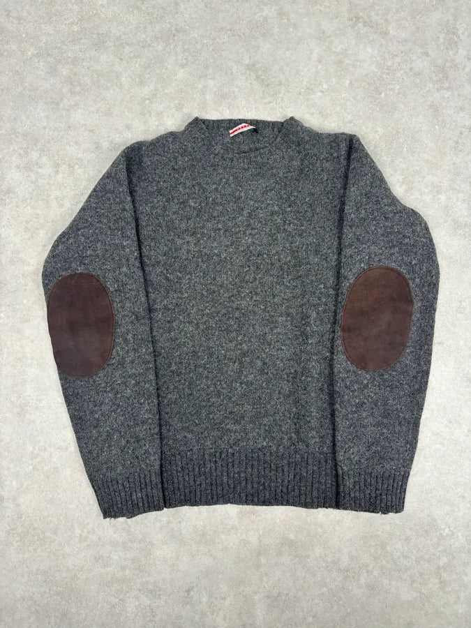 2000s Prada Grey Wool Leather Elbow Patch Sweater VOYaeOE 0
