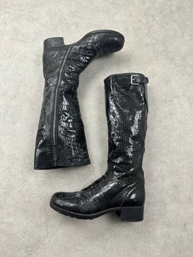 Prada High Leather Black Crocodile Effect Ankle Boots jowqqnQ 1