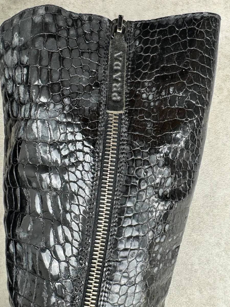 Prada High Leather Black Crocodile Effect Ankle Boots jowqqnQ 4
