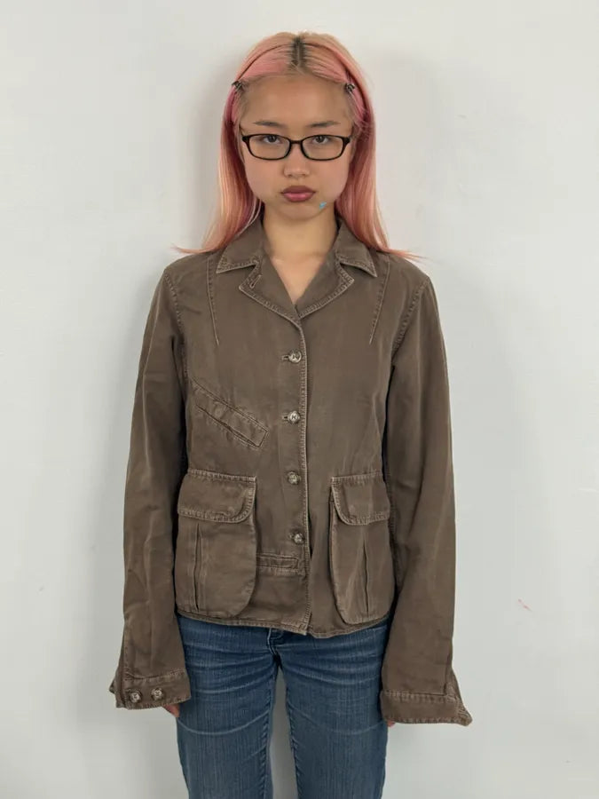 2000s Prada Light Brown Cotton Linen Cargo Jacket CeLxKFO 1