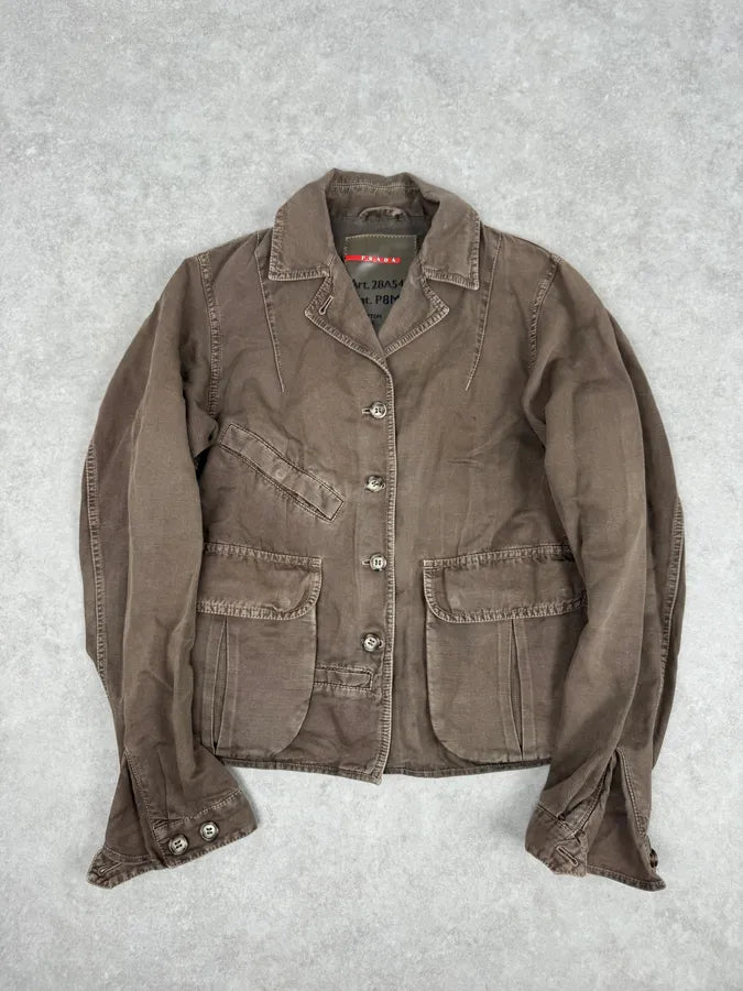 2000s Prada Light Brown Cotton Linen Cargo Jacket CeLxKFO 0