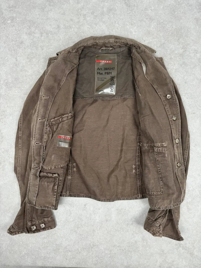 2000s Prada Light Brown Cotton Linen Cargo Jacket CeLxKFO 6