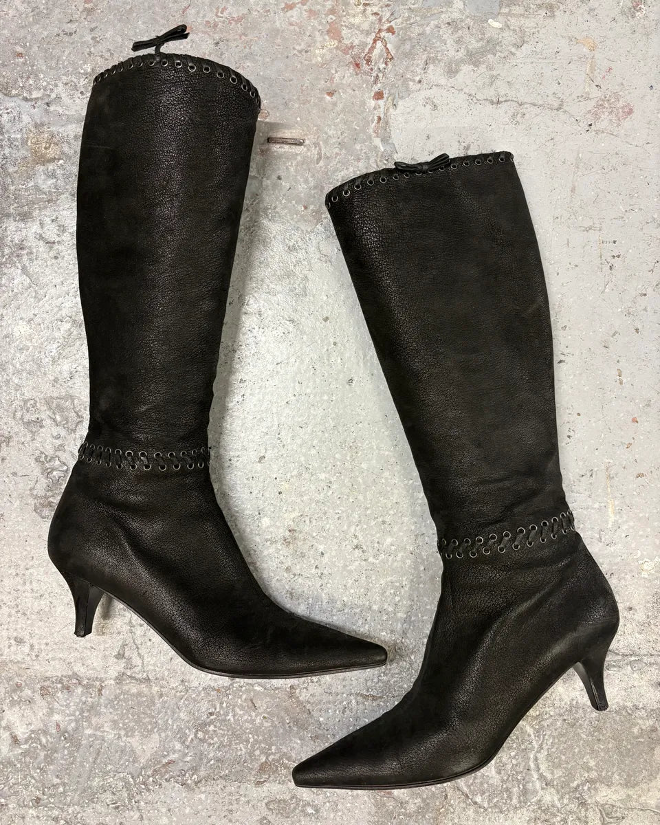 Prada Laced Raw Black Leather Heels wpVXwtL 0
