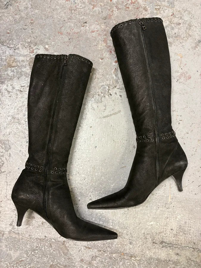 Prada Laced Raw Black Leather Heels wpVXwtL 1