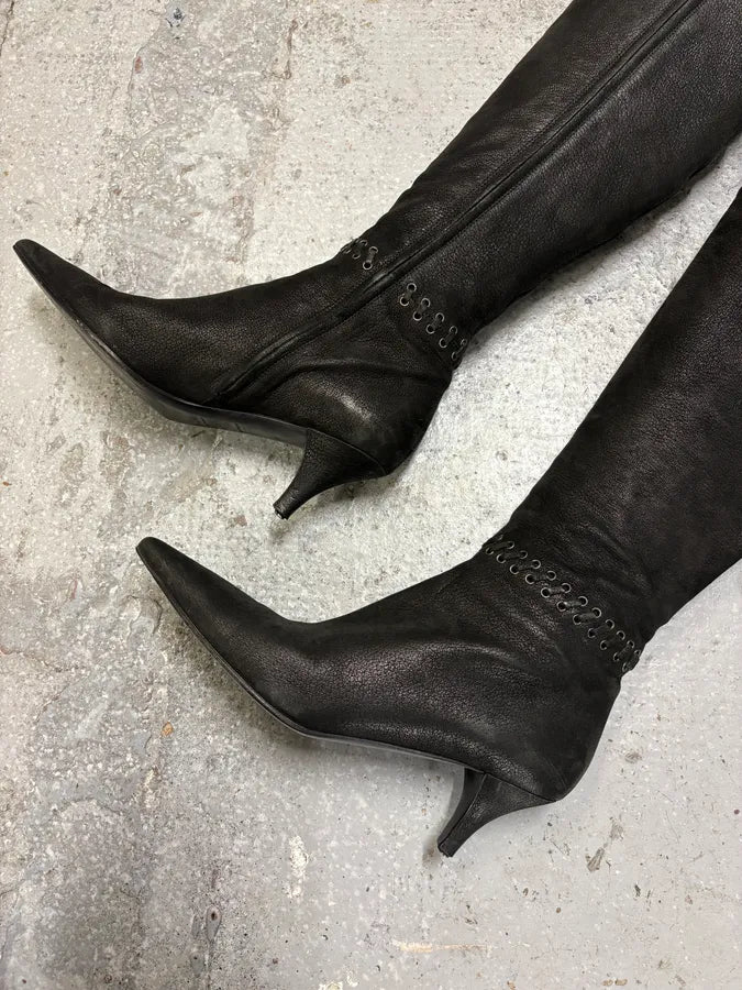 Prada Laced Raw Black Leather Heels wpVXwtL 2