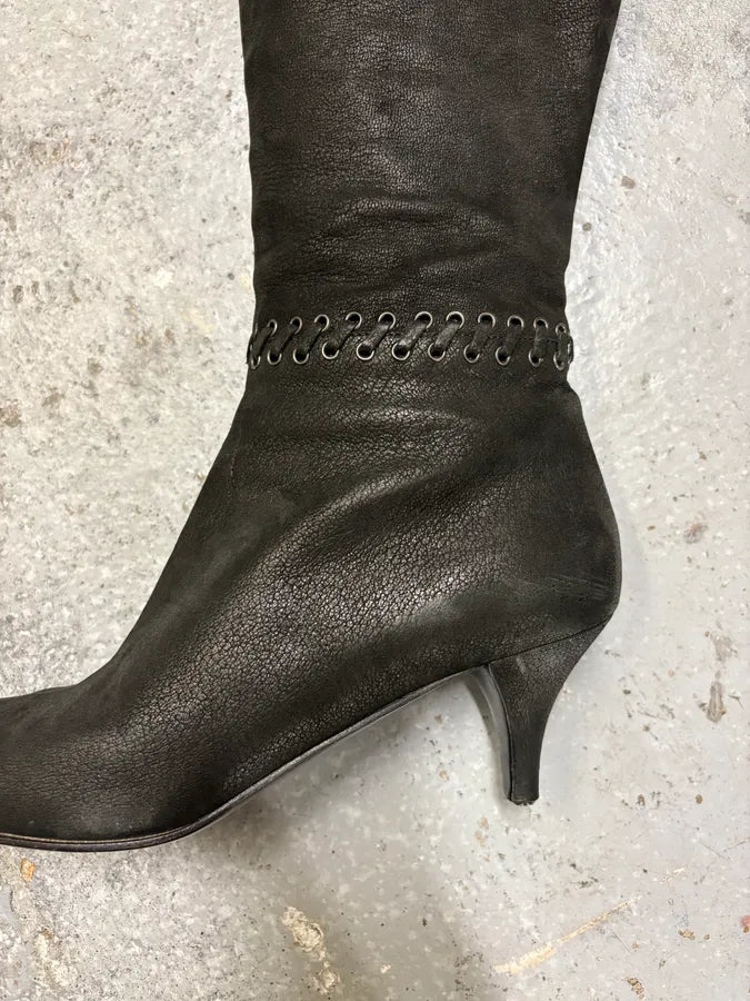Prada Laced Raw Black Leather Heels wpVXwtL 3
