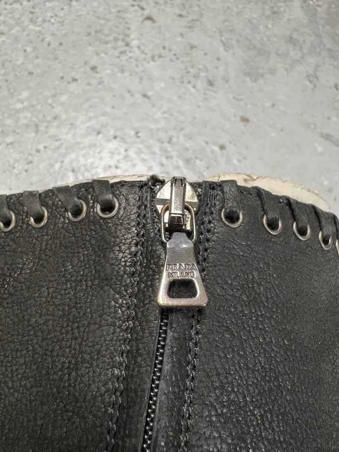Prada Laced Raw Black Leather Heels wpVXwtL 5