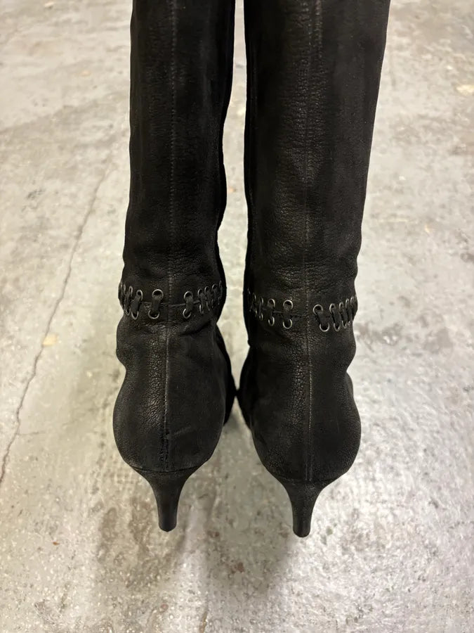 Prada Laced Raw Black Leather Heels wpVXwtL 6