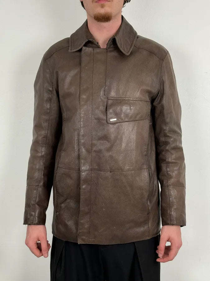 2000s Prada Brown Avant-Garde Leather Asymmetrical Jacket ojixzLE 0