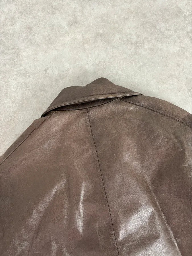 2000s Prada Brown Avant-Garde Leather Asymmetrical Jacket ojixzLE 5