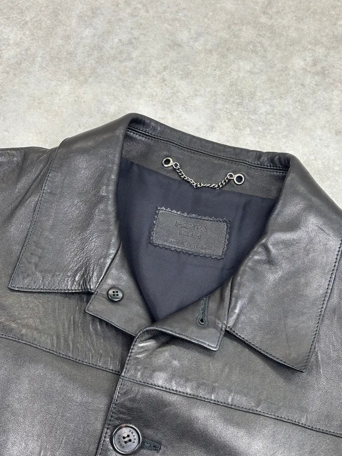 2000s Prada Minimalist Buttoned Trucker Black Leather Jacket gJZFXaq 4
