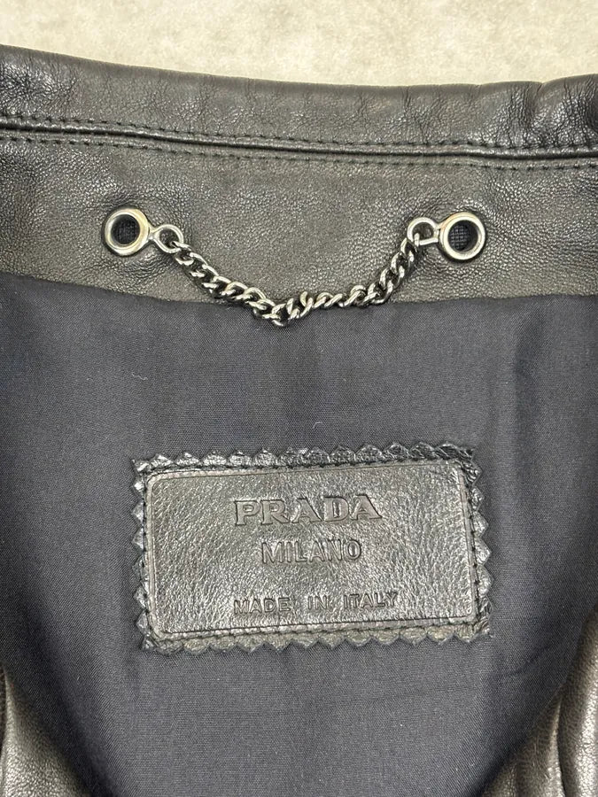 2000s Prada Minimalist Buttoned Trucker Black Leather Jacket gJZFXaq 11