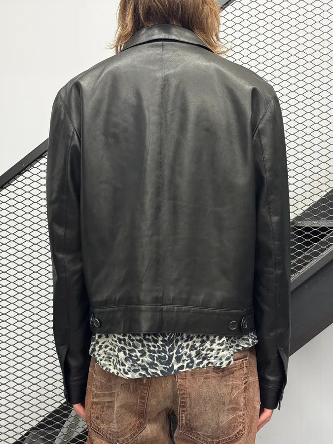 2000s Prada Minimalist Buttoned Trucker Black Leather Jacket gJZFXaq 2
