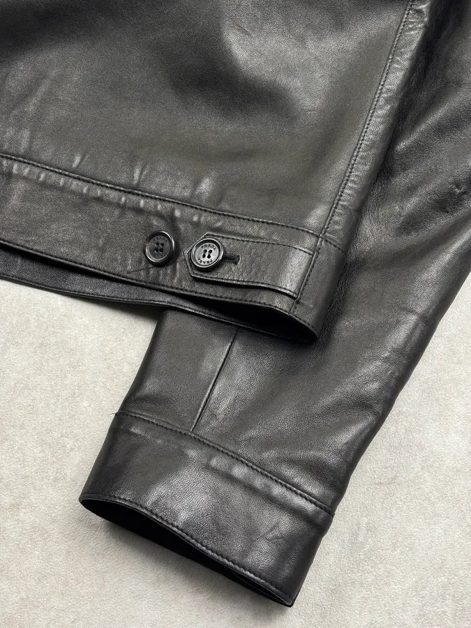 2000s Prada Minimalist Buttoned Trucker Black Leather Jacket gJZFXaq 10