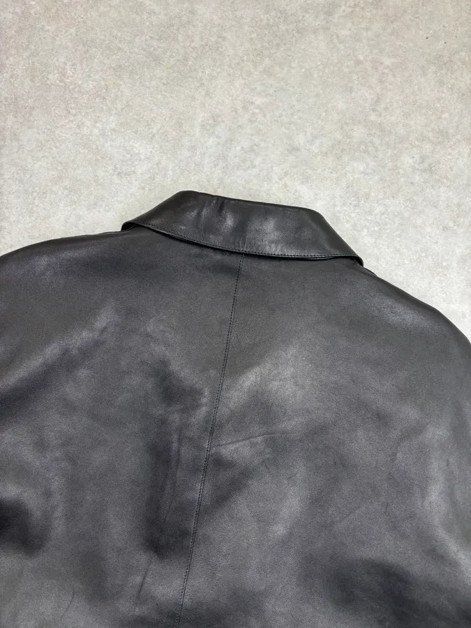 2000s Prada Minimalist Buttoned Trucker Black Leather Jacket gJZFXaq 6