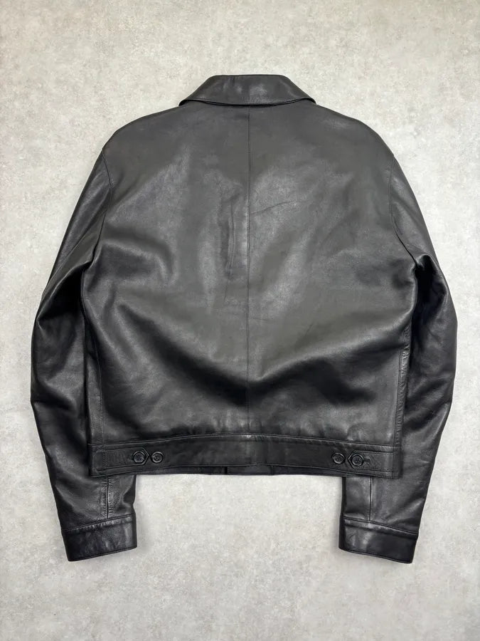 2000s Prada Minimalist Buttoned Trucker Black Leather Jacket gJZFXaq 5