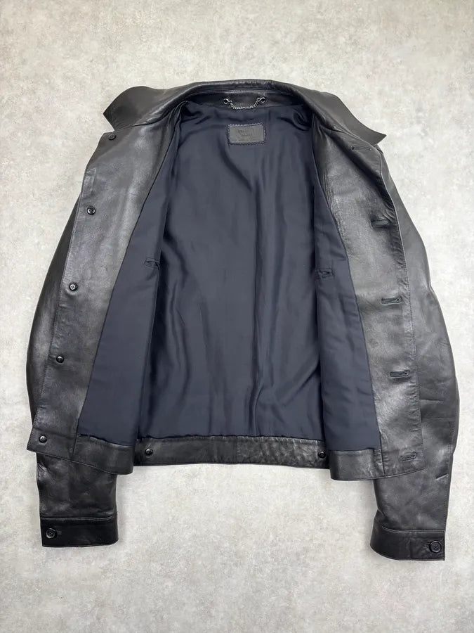 2000s Prada Minimalist Buttoned Trucker Black Leather Jacket gJZFXaq 7