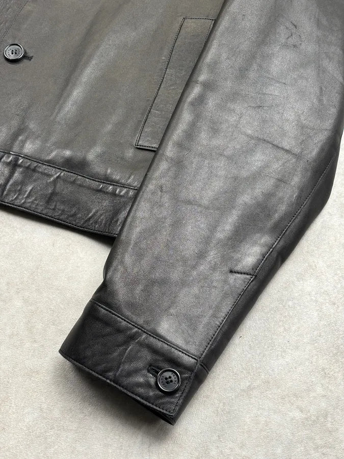 2000s Prada Minimalist Buttoned Trucker Black Leather Jacket gJZFXaq 9
