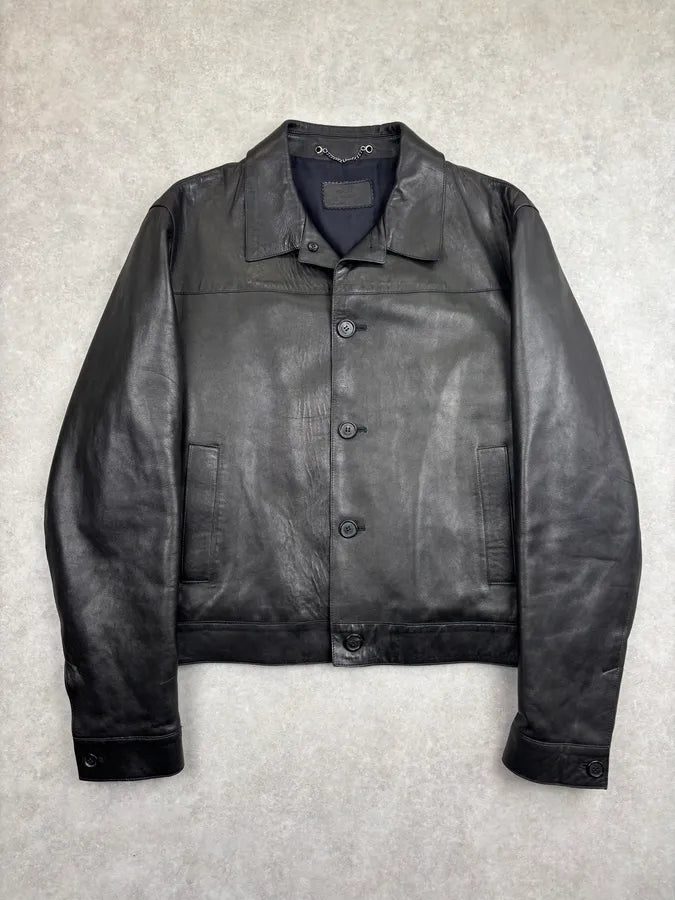 2000s Prada Minimalist Buttoned Trucker Black Leather Jacket gJZFXaq 0