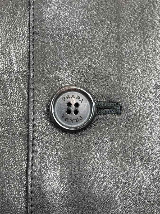 2000s Prada Minimalist Buttoned Trucker Black Leather Jacket gJZFXaq 8