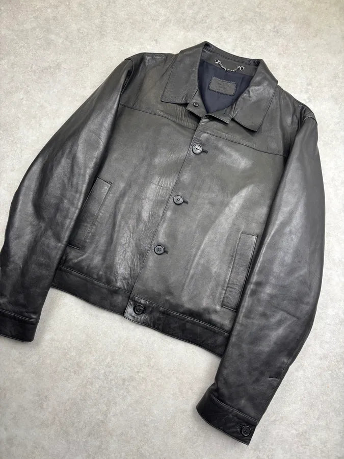 2000s Prada Minimalist Buttoned Trucker Black Leather Jacket gJZFXaq 3