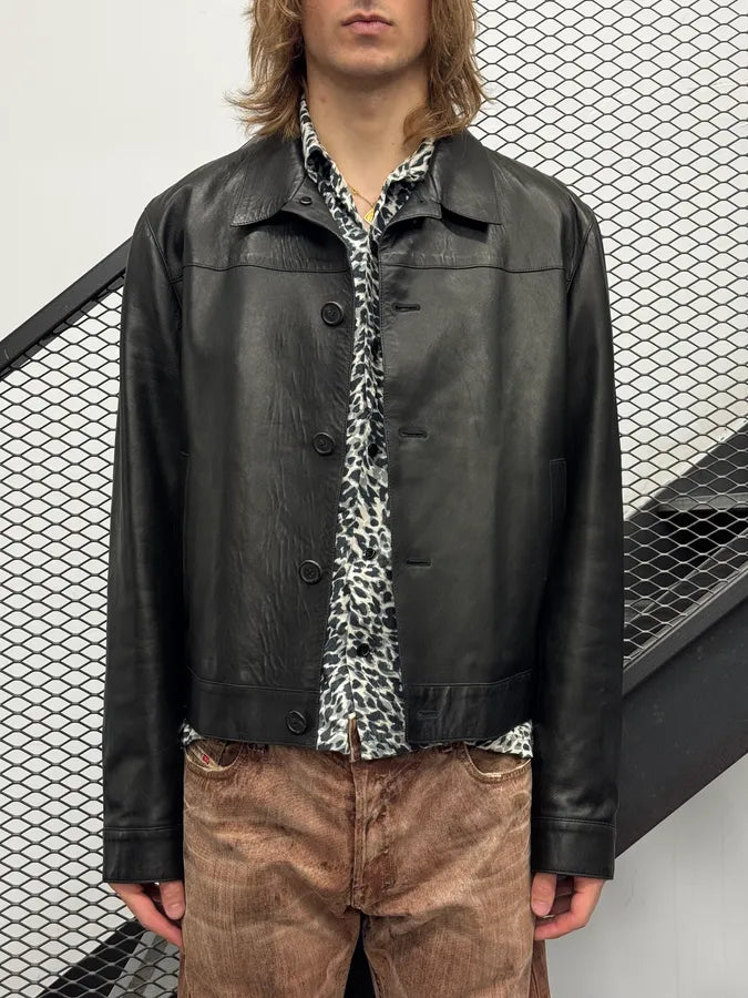 2000s Prada Minimalist Buttoned Trucker Black Leather Jacket gJZFXaq 1