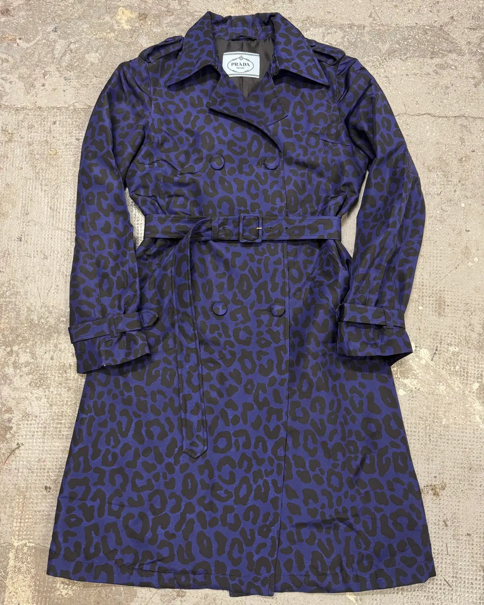 Prada Navy Black Leopard Trench Coat (M) RSfyTPr 0