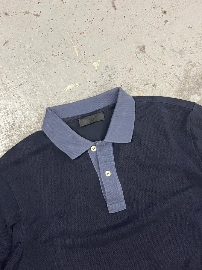 SS2014 Prada Navy Cotton Contrast Collar Longsleeve Polo UKcLJtL 3