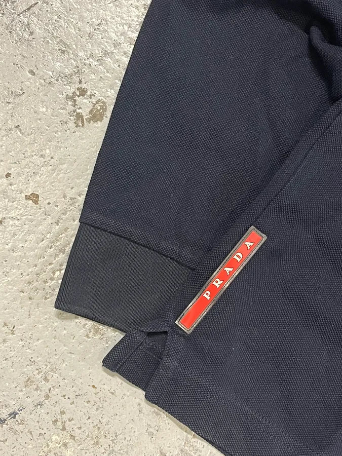 SS2014 Prada Navy Cotton Contrast Collar Longsleeve Polo UKcLJtL 8