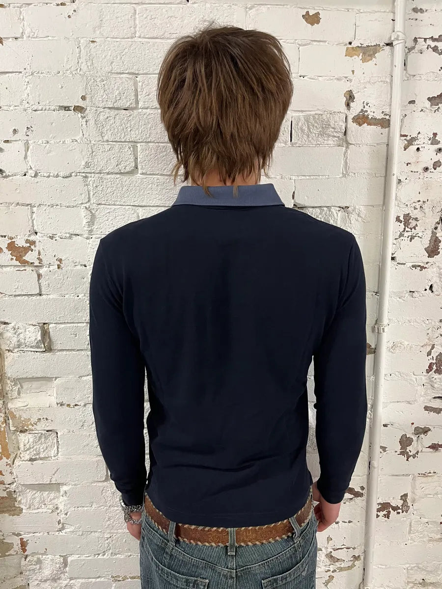 SS2014 Prada Navy Cotton Contrast Collar Longsleeve Polo UKcLJtL 2