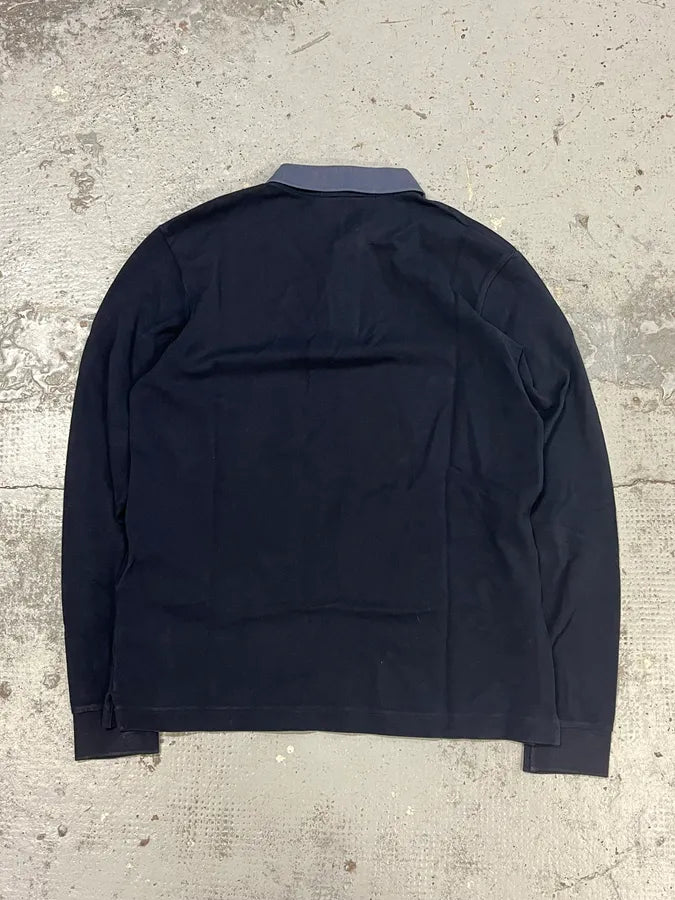 SS2014 Prada Navy Cotton Contrast Collar Longsleeve Polo UKcLJtL 5