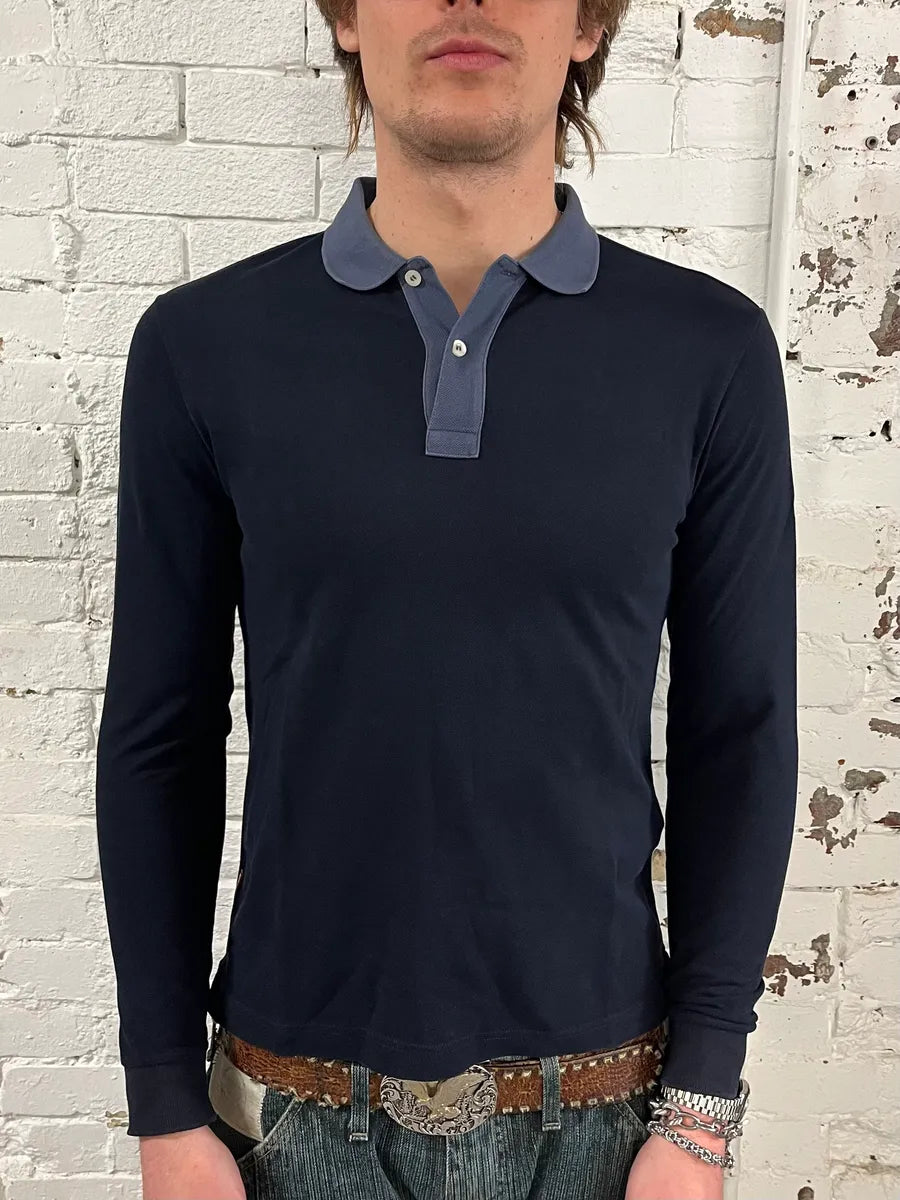SS2014 Prada Navy Cotton Contrast Collar Longsleeve Polo UKcLJtL 1